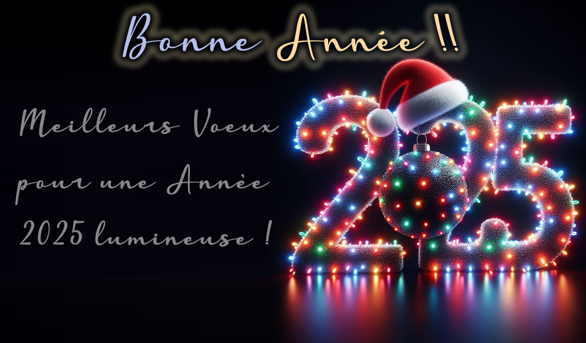 Image de 2025 illuminée avec des lumières de Noël, les meilleurs voeux de bonne année et l’espoir d’un avenir lumineux.