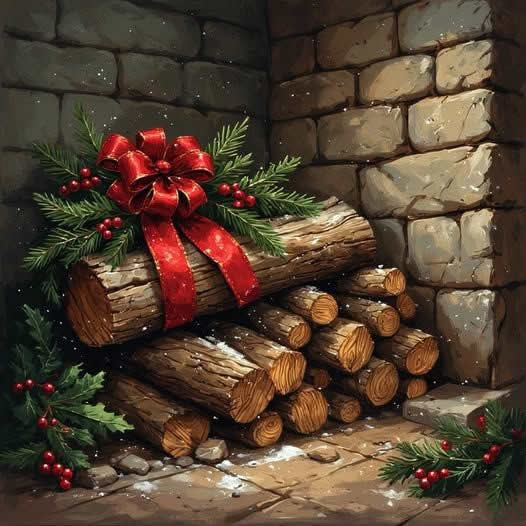 Bûches de bois liées par un ruban de Noël, illustration vintage.