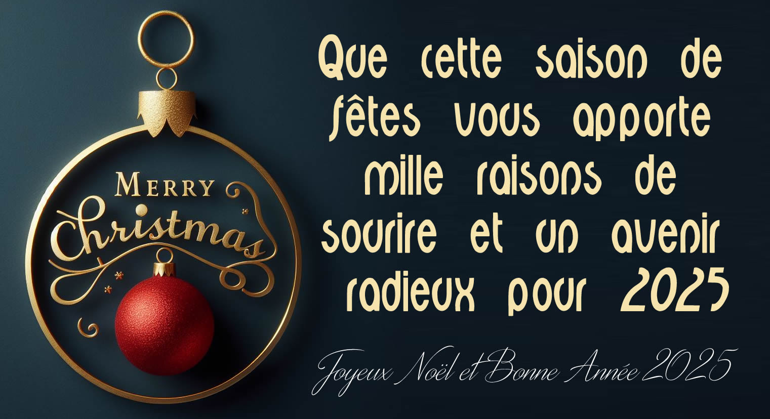 Image de voeux de joyeux Noël  et Bonne Année 2025 élégante avec des décorations de Noël et texte en anglais Merry Christmas